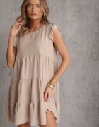 defox Rochie Bej cu Mânecă Scurtă și Volane Decorative cu Croială Cloș Vetesa