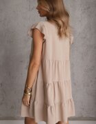 defox Rochie Bej cu Mânecă Scurtă și Volane Decorative cu Croială Cloș Vetesa