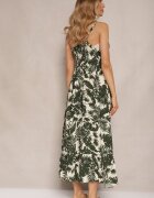 defox Rochie Bej Deschis Evazată din Bumbac cu Imprimeu Tropical cu Dantelă Alulora