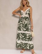 defox Rochie Bej Deschis Evazată din Bumbac cu Imprimeu Tropical cu Dantelă Alulora