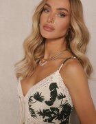 defox Rochie Bej Deschis Evazată din Bumbac cu Imprimeu Tropical cu Dantelă Alulora