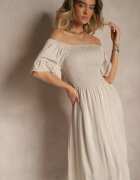 defox Rochie Bej deschis Evazată din bumbac cu mâneci bufante pe umeri și elastic la bust Norlio