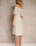 defox Rochie Bej deschis Evazată din bumbac cu mâneci bufante pe umeri și elastic la bust Norlio