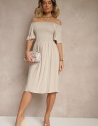 defox Rochie Bej deschis Evazată din bumbac cu mâneci bufante pe umeri și elastic la bust Norlio