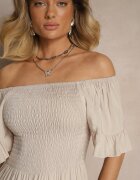 defox Rochie Bej deschis Evazată din bumbac cu mâneci bufante pe umeri și elastic la bust Norlio