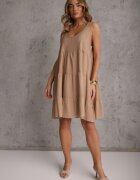 defox Rochie bej din bumbac cu croială evazată decorată cu volane Tessah