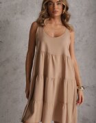 defox Rochie bej din bumbac cu croială evazată decorată cu volane Tessah
