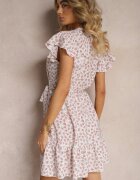 defox Rochie Bej-Roz Florală cu Volane cu Elastic în Talie și Curea din Material Nannesa