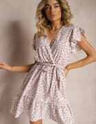 defox Rochie Bej-Roz Florală cu Volane cu Elastic în Talie și Curea din Material Nannesa