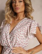 defox Rochie Bej-Roz Florală cu Volane cu Elastic în Talie și Curea din Material Nannesa