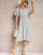defox Rochie Bej și Violet cu croială evazată cu elastic în talie și decolteu petrecut cu curea din material Qrissa
