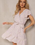 defox Rochie Bej-Violet Florală cu volane cu elastic în talie și curea din material textil Nannesa