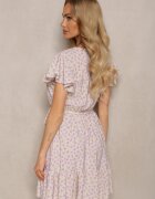 defox Rochie Bej-Violet Florală cu volane cu elastic în talie și curea din material textil Nannesa
