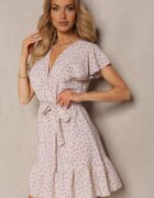 defox Rochie Bej-Violet Florală cu volane cu elastic în talie și curea din material textil Nannesa