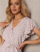 defox Rochie Bej-Violet Florală cu volane cu elastic în talie și curea din material textil Nannesa
