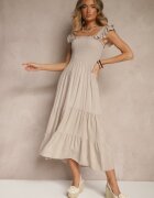 defox Rochie Bejă din Bumbac cu Bretele Decorată cu Volane și Elastice Mevalys