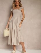 defox Rochie Bejă din Bumbac cu Bretele Decorată cu Volane și Elastice Mevalys