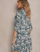 defox Rochie bleumarin-bej din bumbac cu croi evazat cu imprimeu ornamental Laniwea