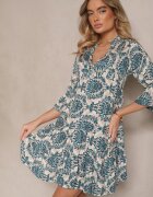 defox Rochie bleumarin-bej din bumbac cu croi evazat cu imprimeu ornamental Laniwea