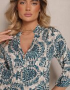 defox Rochie bleumarin-bej din bumbac cu croi evazat cu imprimeu ornamental Laniwea