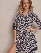 defox Rochie Bleumarin de bumbac evazată cu imprimeu etnic Zalivine