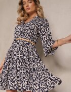 defox Rochie Bleumarin de bumbac evazată cu imprimeu etnic Zalivine