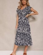 defox Rochie Bleumarin din bumbac Cloche cu volane cu imprimeu floral Zalimara