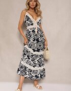 defox Rochie bleumarin din bumbac cu croi evazat cu imprimeu etnic Taliraya