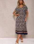 defox Rochie Bleumarin din bumbac cu decolteu în V și elastic în talie închisă cu nasturi Lavlea