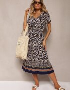 defox Rochie Bleumarin din bumbac cu decolteu în V și elastic în talie închisă cu nasturi Lavlea