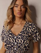 defox Rochie Bleumarin din bumbac cu decolteu în V și elastic în talie închisă cu nasturi Lavlea