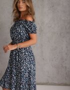 defox Rochie Bleumarin Din Bumbac Midi Spaniolă cu elastic în talie Dnise