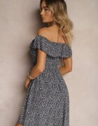 defox Rochie Bleumarin Florală Spaniolă din Bumbac cu Elastic în Talie Nevima
