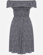 defox Rochie Bleumarin Florală Spaniolă din Bumbac cu Elastic în Talie Nevima