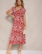defox Rochie Bordou din Bumbac Cloș cu Volane cu Imprimeu Floral Zalimara