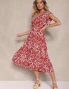 defox Rochie Bordou din Bumbac Cloș cu Volane cu Imprimeu Floral Zalimara