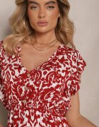 defox Rochie Bordou din Bumbac Cloș cu Volane cu Imprimeu Floral Zalimara