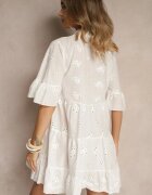 defox Rochie Cămașă Albă Evazată din Bumbac Împodobită cu Broderie și Volane Filarosa