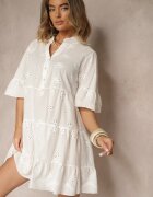 defox Rochie Cămașă Albă Evazată din Bumbac Împodobită cu Broderie și Volane Filarosa