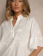 defox Rochie Cămașă Albă Evazată din Bumbac Împodobită cu Broderie și Volane Filarosa