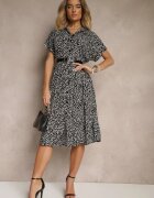 defox Rochie cămașă negru și alb din bumbac cu flori cu croială evazată Sarilon