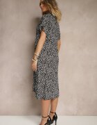 defox Rochie cămașă negru și alb din bumbac cu flori cu croială evazată Sarilon