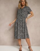 defox Rochie cămașă negru și alb din bumbac cu flori cu croială evazată Sarilon