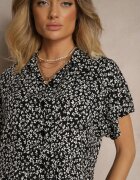 defox Rochie cămașă negru și alb din bumbac cu flori cu croială evazată Sarilon