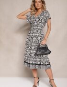 defox Rochie Cloș Alb-Negru din Bumbac cu imprimeu Paisley Lanarisa