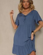 defox Rochie cloș din bumbac cu șnur la decolteu albastră Mepova