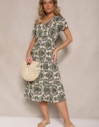 defox Rochie Cloș Verde închis din Bumbac cu elastic în talie Desanita