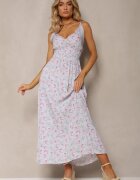 defox Rochie de bumbac albastră deschisă cu bretele subțiri cu imprimeu floral și croială evazată Rosaq
