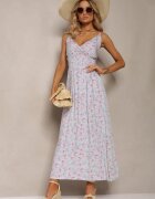 defox Rochie de bumbac albastră deschisă cu bretele subțiri cu imprimeu floral și croială evazată Rosaq