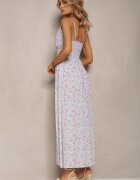 defox Rochie de bumbac albastră deschisă cu bretele subțiri cu imprimeu floral și croială evazată Rosaq